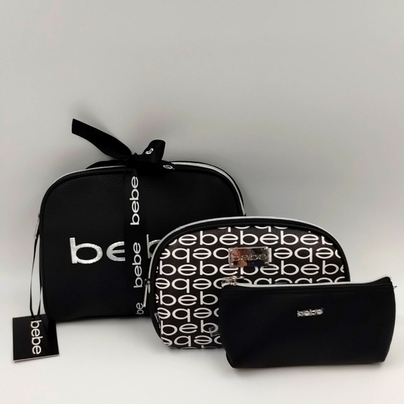 Bebe 3 piece makeup toiletry zip top bags black and white - Picture 1 of 4